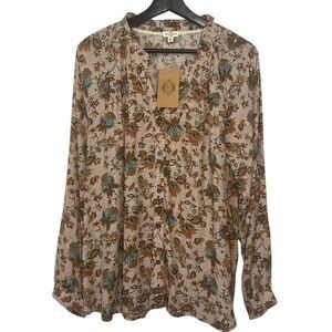 Mason & Belle Floral Ruffle Blouse Top Womens Large Split Neck Long Sleeve Boho